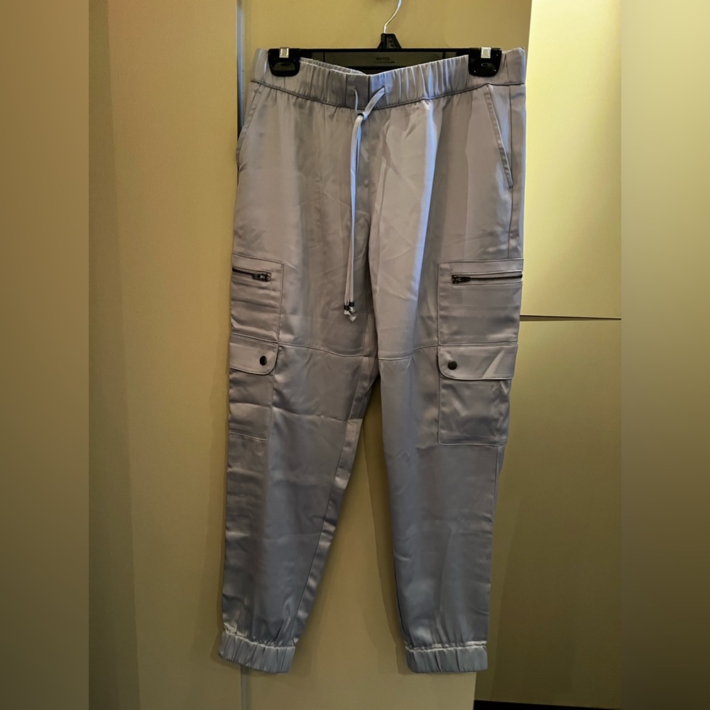 NWT Banana Republic satin cargo joggers women sz S Grey/Silver